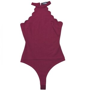 Lulus Clarebelle High Neck Scalloped Bodysuit Burgundy Size XS